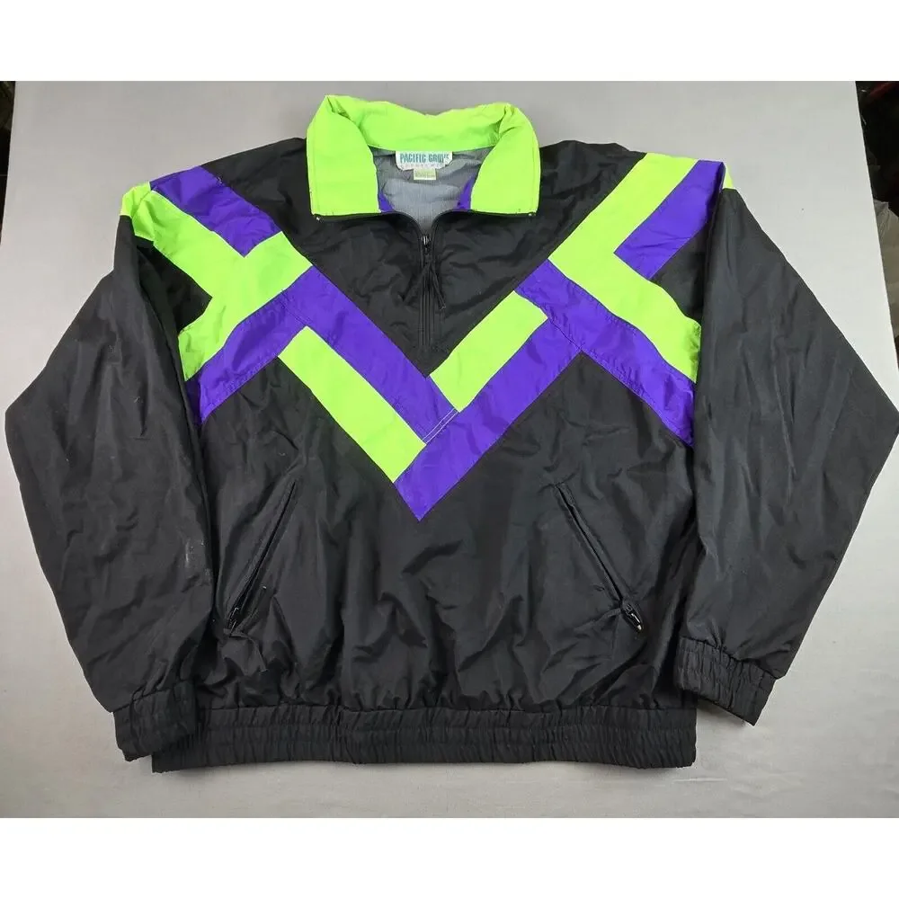 Vintage Windbreaker Men's L Color Block Neon 80s 90s Pacific Grove Sportswear - Picture 1 of 16